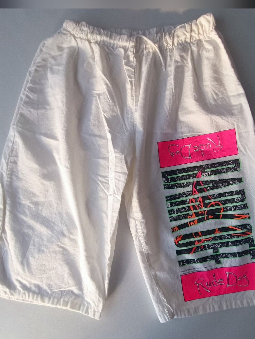 VTG Early 90s Rude Dog Cotton Capri Pants Shorts Size L White Neon Skatercore